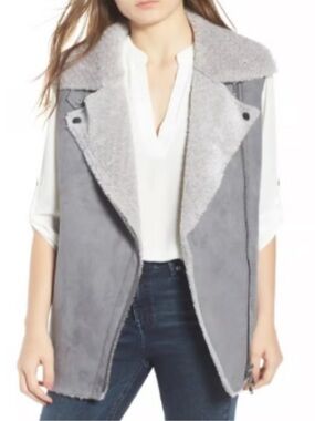 Love Token Suede-Like Faux Fur Shearling Vest, Gray, Sz XL